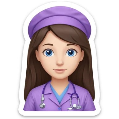 pretty brunette nurse with long hair and blue eyes in lilac scrubs sticker