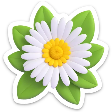 a daisy flower with white petals, yellow center, green leaves sticker