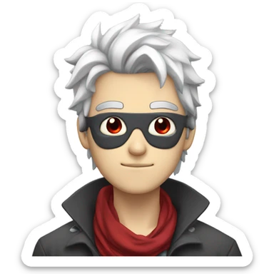 Anime guy, with white messy hair,  eye patch on right eye , red eyes, crimson scarf around neck, and gray skin  sticker