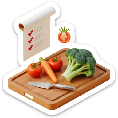 carrot tomato brocoli on the wooden cutting board with floating rolled paper list with checkbox sticker
