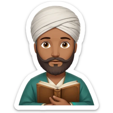 İbni Rüşd symbolized inside a circle frame, wearing Andalusian style clothes, bearded, turban on head, holding a book, wise and thoughtful expression sticker