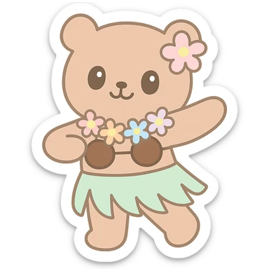 brown teddy bear with a coconut bra and plumeria lei, performing the hula sticker