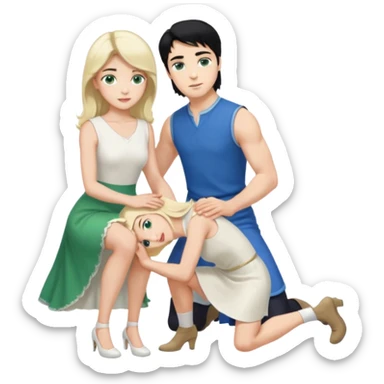 prince, upright, black Hair, blue eyes, garment,  Woman, bending knee, sleveless white dress, blonde hair, green eyes, sticker