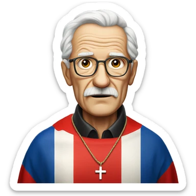 Old man wearing cross necklace in the background is the croatian flag sticker