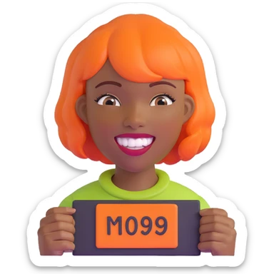 dark skinned Black woman with orange bob wig like Chucky's hair, visible plaque on her teeth sticker