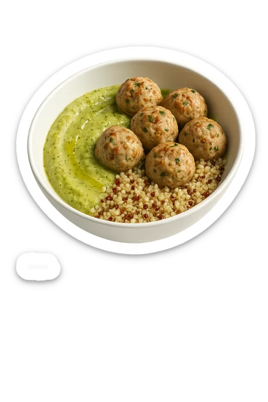 bowl bianca fluttua in aria con polpette di tacchino, purè di zucchine, quinoa e olio di oliva, iperrealistico 4k sticker