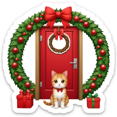 A door with a cat in front of it with h christmas elements sticker