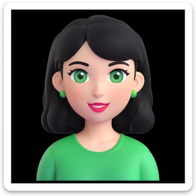 girl with black hair and green eyes, memoji style, winking, white background sticker