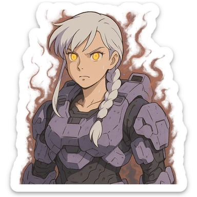 female, wearing reach spartan armor shoulder-unequip, long white braid hair with massive messy front side single bangs, gold yellow eyes, attention pose, D-cup size, HALO:series, no helmet, the armor is lavender color scheme, eyes glowing, demon eye, gleam, rage aura, body steaming sticker