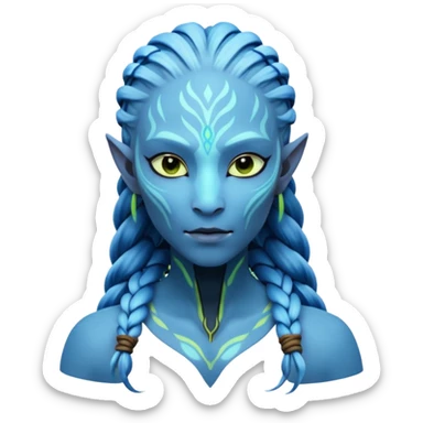 Na'vi character from Avatar movie, blue skin, bioluminescent facial patterns, long braided hair sticker