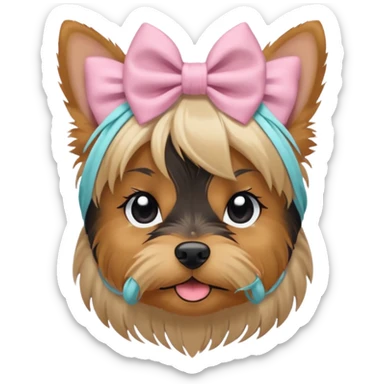 a Yorkshire Terrier face with a ponytail on head tied with a bow. Cute expression, flat design, pastel colors sticker
