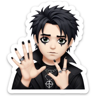 A gothic musician with jet-black messy hair, dark eyeliner, and silver rings on his fingers sticker