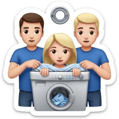 Eine Frau die in der Waschmaschine feststeckt und zwei männer die ihr helfen sticker