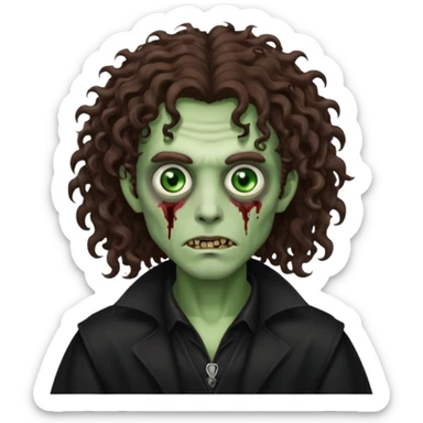 long curly haired male zombie with brown hair color and green eye color, with dark vampire clothes sticker