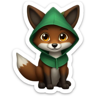 small dark brown fox with orange eyes and a dark green hood that smile sticker