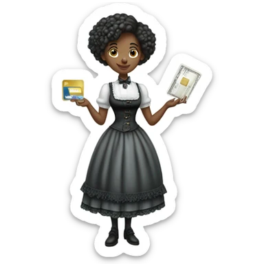 galora waitress Victorian dress elegant full body, holding big credit card sticker