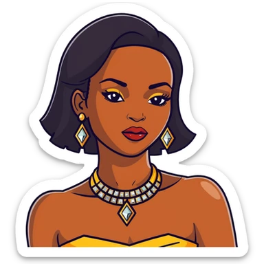 beautiful, curvy African American woman with dark brown skin, straight black hair, bold makeup, gold jewelry, diamonds, confident pose, inspired by Bratz doll sticker