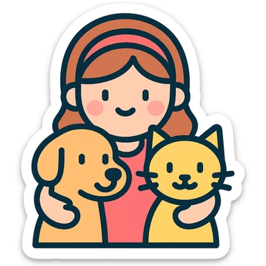 cute little girl hugging a cat and a dog, icon style, rounded shapes, soft pastel colors, friendly and approachable sticker