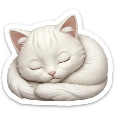 Meme-Worthy Cute Sleeping White Cat Portrait Emoji, Head peacefully tilted with a tender, contented smile and eyes gently closed in serene slumber, featuring a pristine white fur with subtle, delicate silver accents, simplified yet irresistibly adorable, highly detailed, glowing with a soft, drowsy radiance, high shine, exuding calm, heartwarming charm, styled with a gentle, soft glowing outline, capturing the essence of a sleeping white cat that seems destined to become the next viral icon of adorable repose! sticker