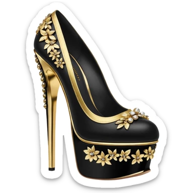 Alexander McQueen brand, black and gold high heel platforms, detailed embellishments. 8k, 5000x5000px, 3D rendering, realistic, isolated still life, no emoji faces no emoji icons no human figures  sticker