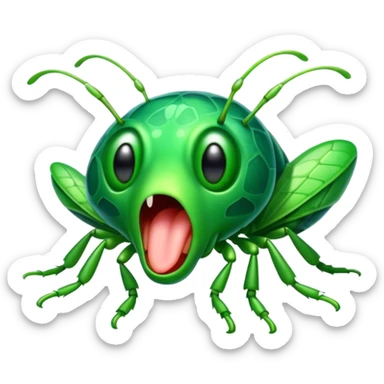 Cinematic Cute Yawning Green Bugdie Portrait Emoji, Head tilted slightly with a dramatic, wide-open yawn, showcasing a smooth, vibrant emerald exoskeleton with delicate patterns and tiny drooping antennae, round multifaceted eyes barely open in drowsy contentment, Simplified yet irresistibly adorable features, highly detailed, glowing with a soft, cozy glow, high shine, relaxed yet expressive, stylized with a touch of whimsy, bright and endearing, soft glowing outline, capturing the essence of a sleepy yet endearing insect, so drowsy it feels like it could stretch out of the screen and curl up for a nap! sticker
