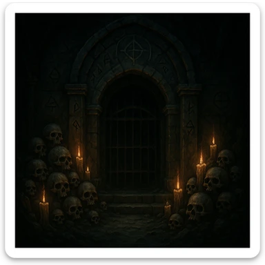 creepy banner, ancient crypt entrance, skulls, candles, mysterious symbols, dark fantasy style sticker