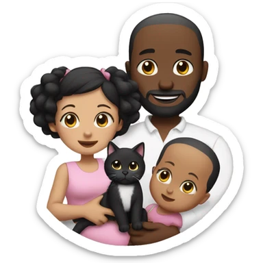 Black hair mum and bald dad, one baby girl, one black and white cat   sticker