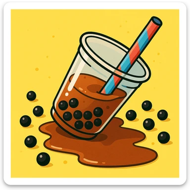 boba tea cup toppled over, with tea and boba pearls spilling, lively and easy to recognize sticker