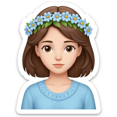 brunette girl with brown hair wearing pastel blue clothes with flowers in her hair sticker