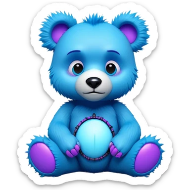 3D, adorable little Pixar style blue neon punk bear with a broken toy sitting, ultra detailed, each lash, eye, and strand of fur is shown in stunning detail as though captured in a timeless photograph, rich textures, visually rich, so lifelike it feels like it could leap off the page at any moment sticker