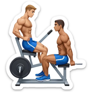 side-view bodybuilder in blue shorts seated weighted calf-raise machine on his tip toes sticker