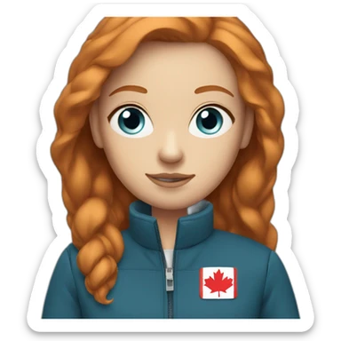 Straight ginger hair and blue eyes woman with a Canadian jacket sticker