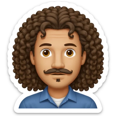 a mixed-race man with long curly hair, a goatee, and a mustache sticker