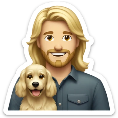 smiling bearded blonde boy with and long hair with dog indoors sticker