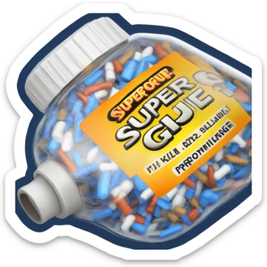 a superglue bottle with a label that reads superglue in a pixelated font sticker