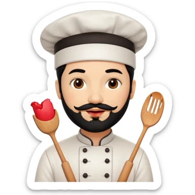 CHEF CON PELO NEGRO Y BARBA NEGRA, OJOS MARRON OSCURO. SONRIE Y TIENE MARCAS DE BESOS CON PINTALABIOS EN FORMA DE LABIOS sticker