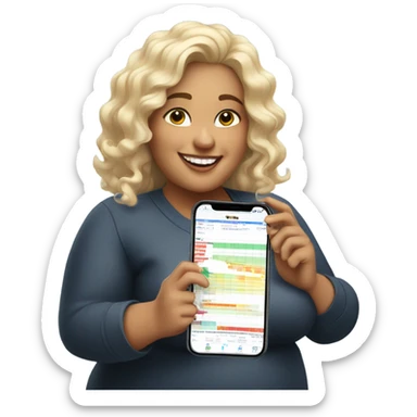 overweight curl blondie woman happy with a smartphone in hands showing charts sticker