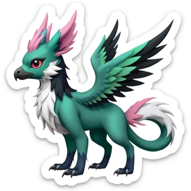 Dark-deep-Emerald-green gryphon-Trico-Nargacuga-Absol-Leafeon-Sprigatito-Silvally-fusion-hybrid with a long tufted tail, black beak, pink accents, black claws, black tail, majestic, realistic, furry (full body) sticker
