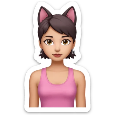 chica morena clara, corte de cabello wolf cut medio, con una blusa de tirantes simple, rosa y coquette sticker