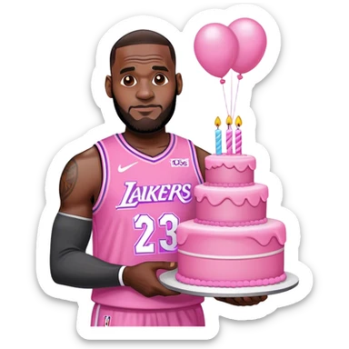 Lebron James wearing his jersey holding a pink pretty birthday cake sticker