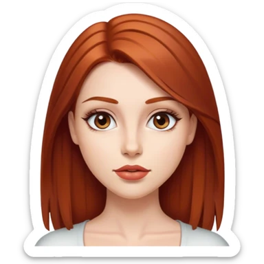 mujer con piel clara, cabello de longitud media, liso y tono rojizo . Sus ojos son grandes y marrones, con cejas bien definidas y labios de tono natural. sticker