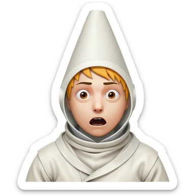 A person wearing a straitjacket and a cone-shaped funnel on their head, with a wild, crazy expression, embodying a chaotic and eccentric appearance sticker