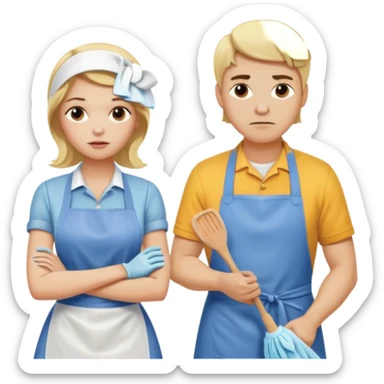 A blonde women cleaning a kitchen while her blonde husband scowls at her sticker