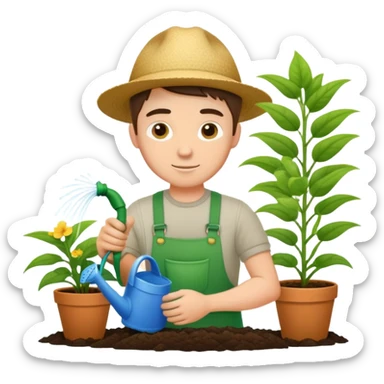 hardworking young white male gardener watering plants sticker