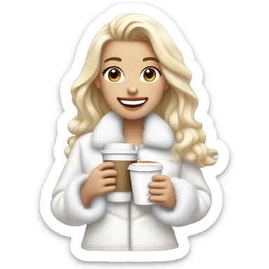 pretty blonde girl wearing white fluffy jacket and a coffee to go in hand all dress white and a white bow on hair sticker