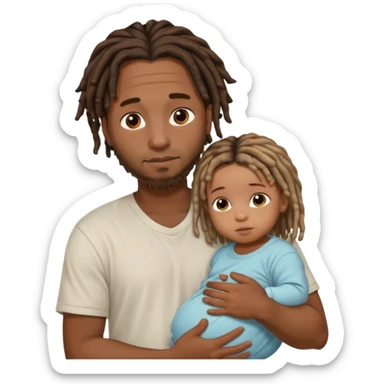 African Dad with short dread locs, with his baby girl in arm, babys face is not seen, baby has brown skin sticker