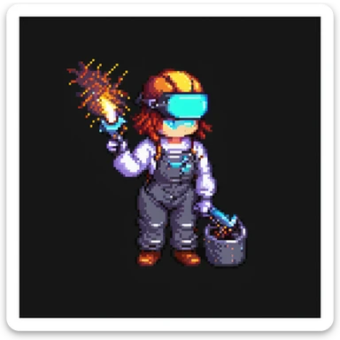female welder, pixel art, welding action, bright sparks sticker