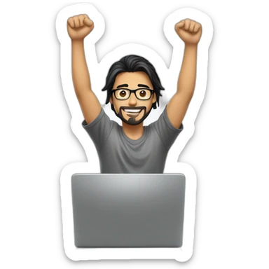 a young man with long black hair, with goatee, wearing glasses sitting with a computer, his arms up, cheering sticker