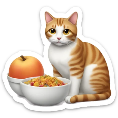 Create an image of the same cat sitting beside a bowl of food sticker