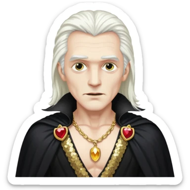 Dracula with long white hair, black sequin baggy pants, shirtless with necklace, black sequin cape sticker